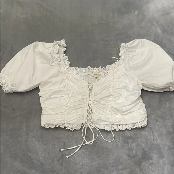 Mable the label country nights crop puff sleeve lace-up top white 27114 - Picture 1 of 7